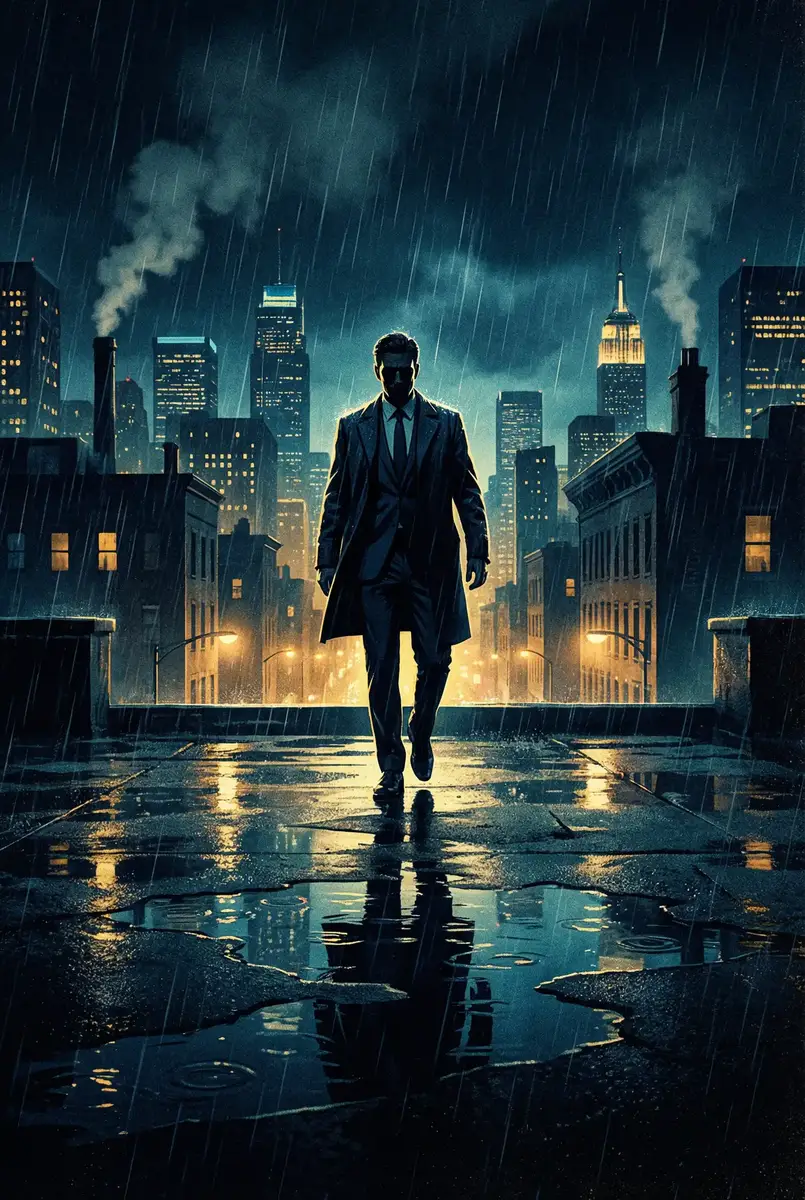 女人张开腿让男人桶爽免 出品影片《雨夜独行者》海报，雨中城市屋顶男性剪影